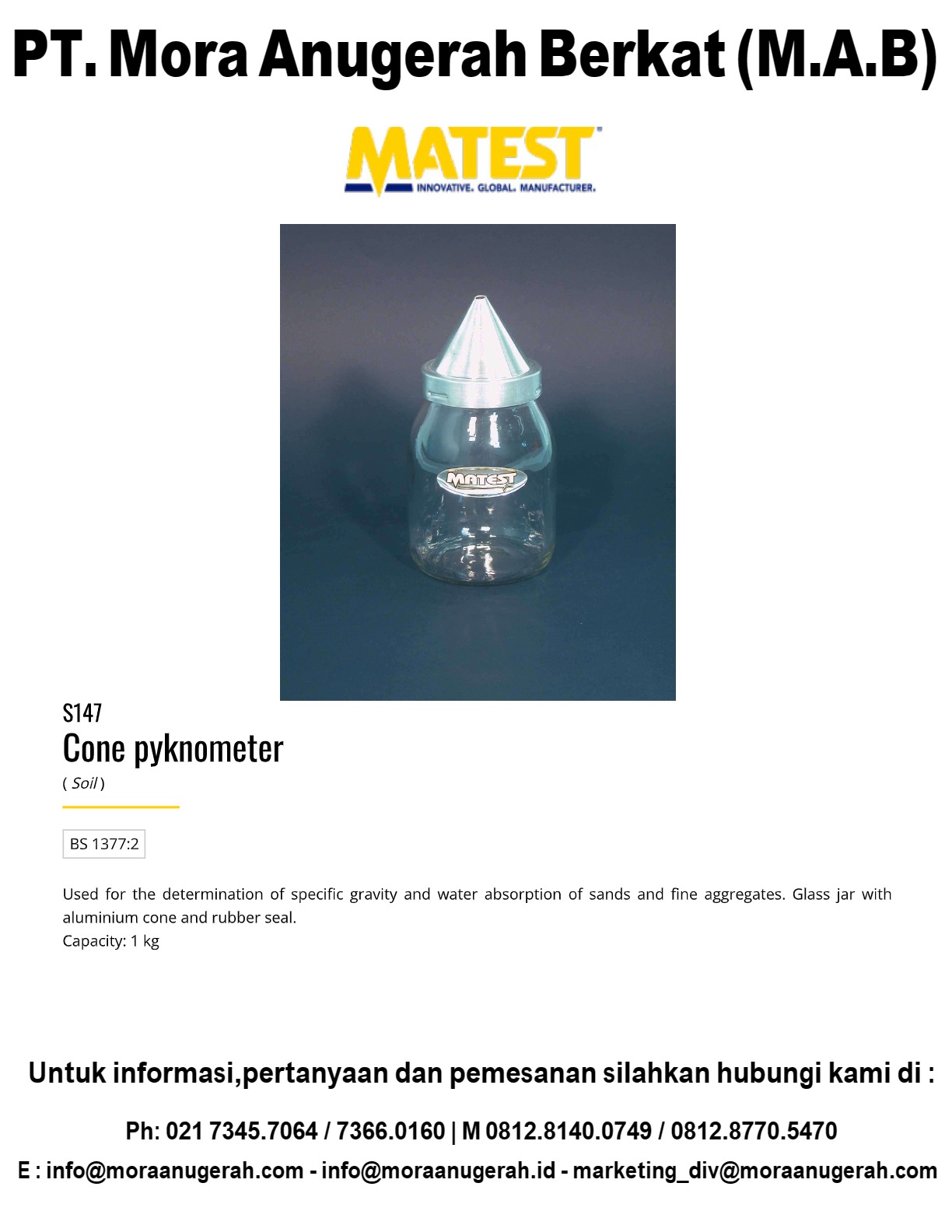 MATEST [S147] Cone Pyknometer